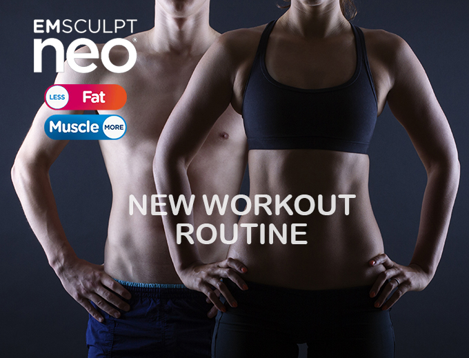 A photo of a sculpted man and woman standing strong behind text that reads EMsculpt Neo Less Fat More Muscle New Workout Routine